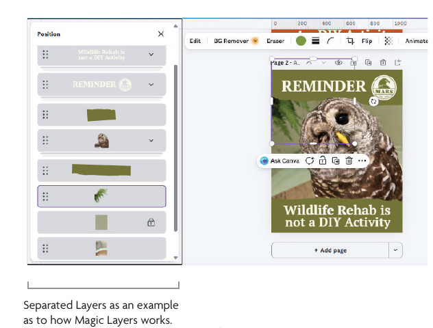 Canva editor showing the separated layers of an image
